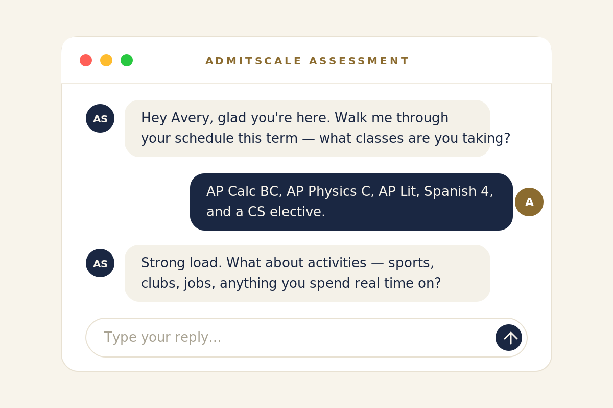 Screenshot of the AdmitScale chat assessment